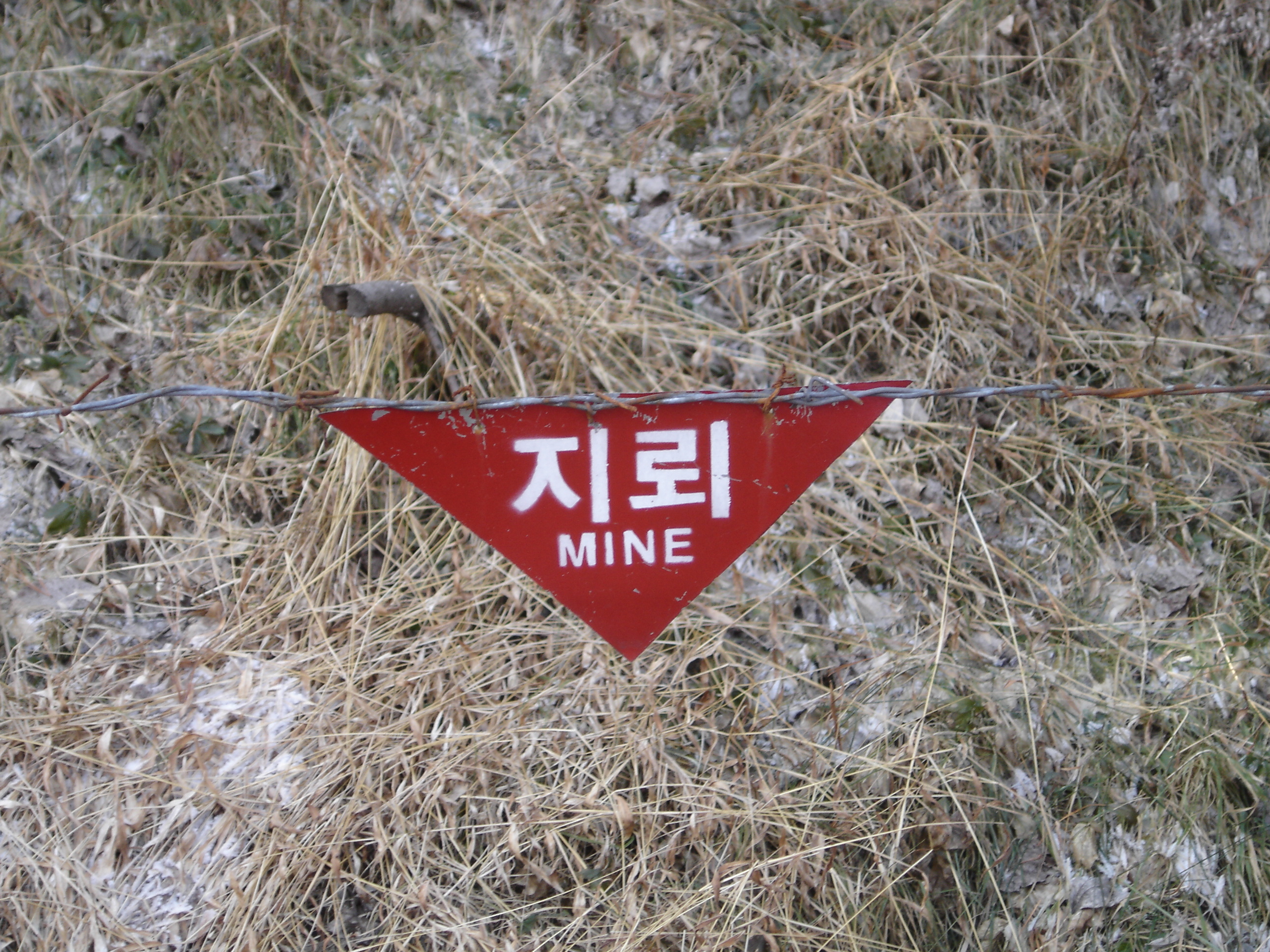 Red triangular landmine warning sign